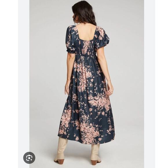 Saltwater LUXE Alyvia Midi Dress M Dark Ivy Floral Cottage Boho Smocked Puff - Picture 2 of 14